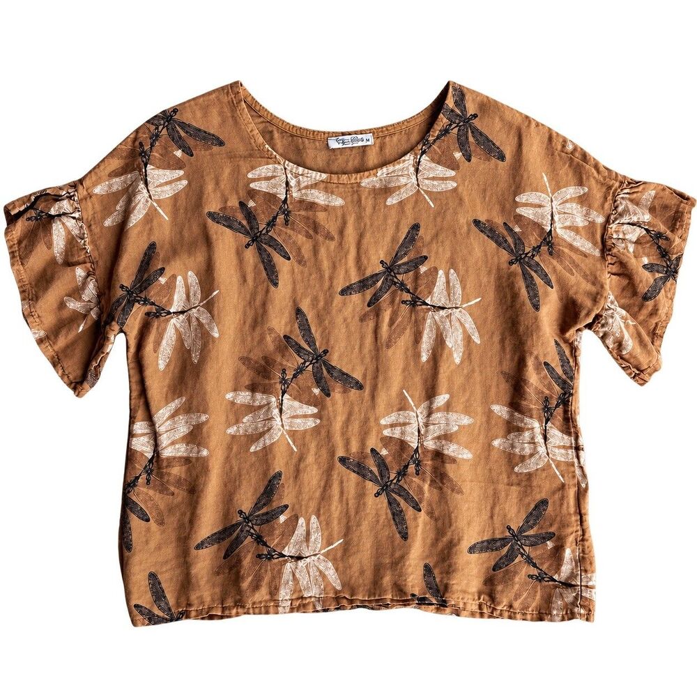 Elena Baldi Pure Linen Dragonfly Print Blouse Womens M Brown Made in Italy